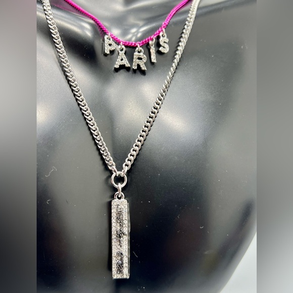 Karl Lagerfeld Paris Two Tone Pave Pink Paris Layered Signature Pendant Necklace - Picture 3 of 6